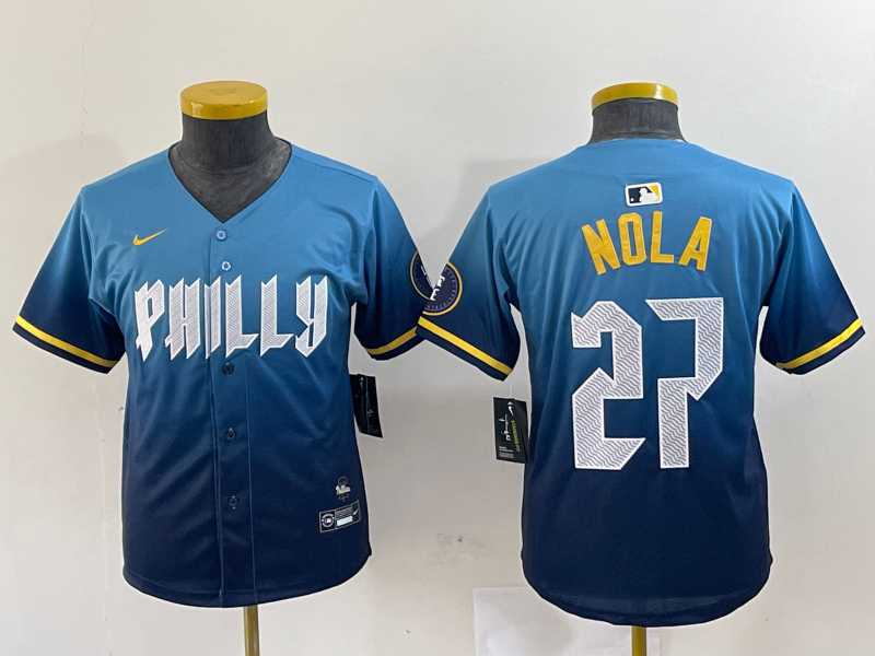 Youth Philadelphia Phillies #27 Aaron Nola Blue 2024 City Connect Limited Stitched Jersey->mlb youth jerseys->MLB Jersey